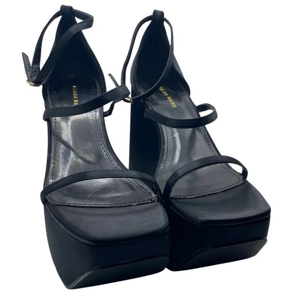 Azalea Wang Black Satin Strappy Platform Wedge Heels Size 10 Y2K Clubwear sexy - Picture 1 of 7